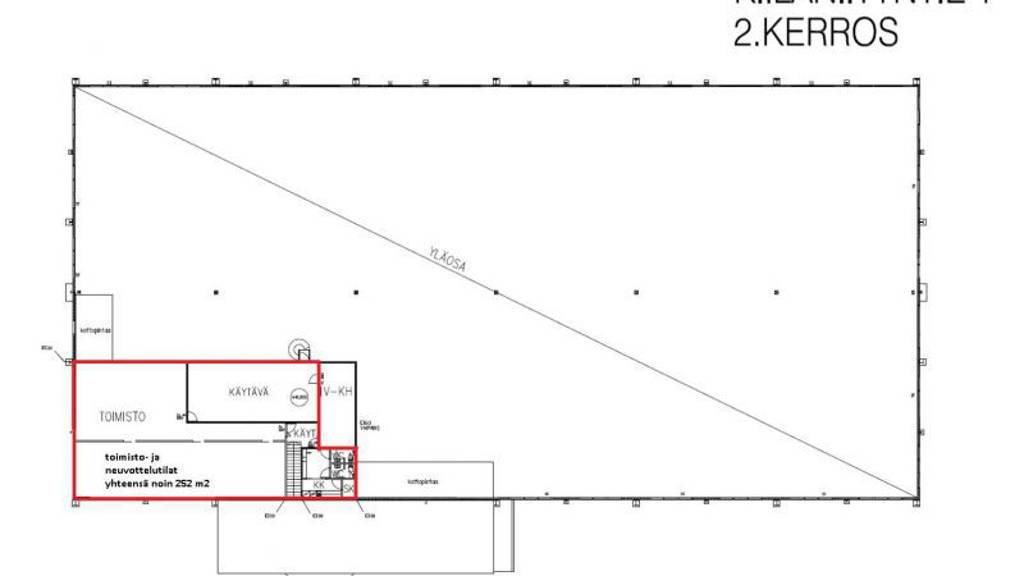 2. kerroksen 252m2 toimiston pohjapiirros Kiilaniityntie 1