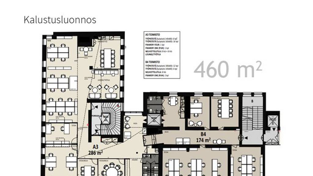 2.krs 460 m2 kalustusluonnos Kasarmikatu 42