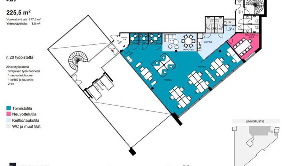 4.krs 225,5 m2 (217,5 m2 + 8 m2 jyv.) Linnoitustie 11