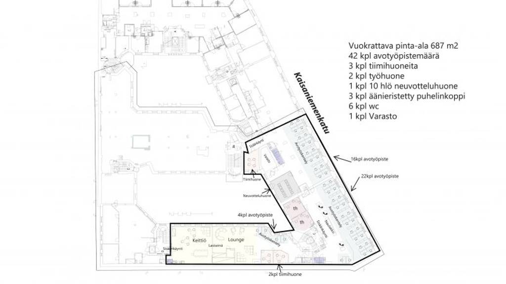 Tilaluonnos 687 m² n. 42 työpistettä Kaisaniemenkatu 1