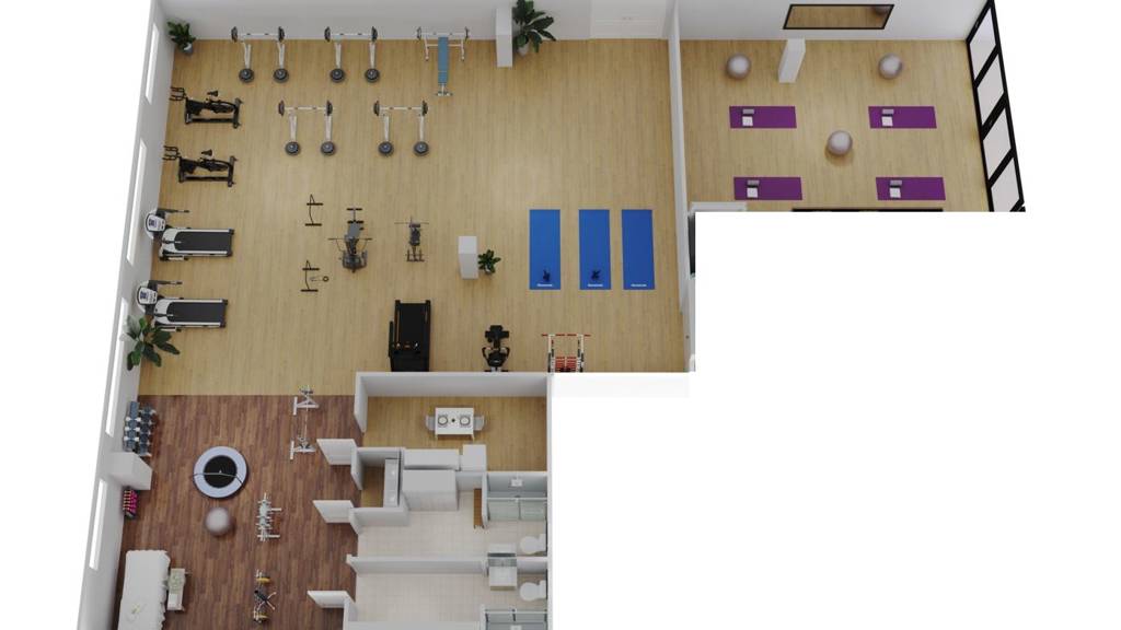 Liikuntatilasta visualisoitu pohjakuva Leväsentie 2