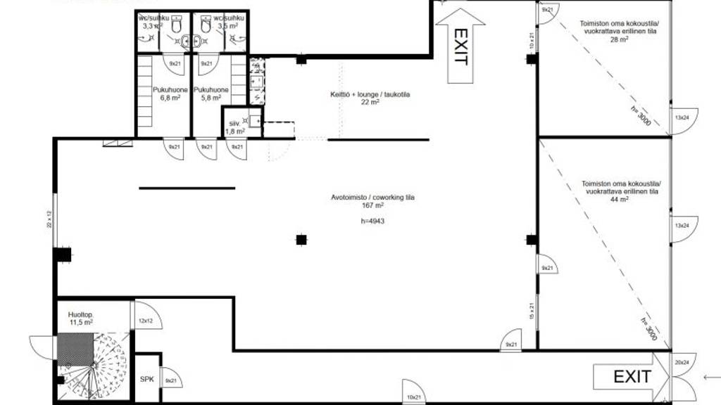 Visualisoitu pohjakuva avotoimisto ja neuvottelutilat 2 kpl Leväsentie 2