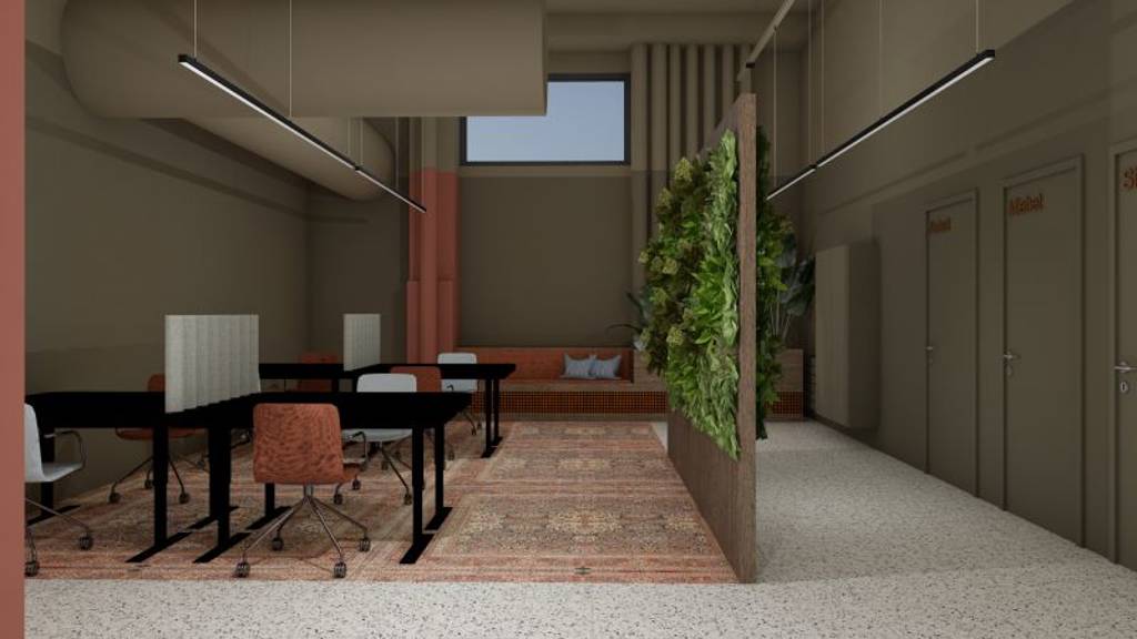 Visualisoitukuvat työskentelytilasta takatilassa ikkuna Leväsentie 2