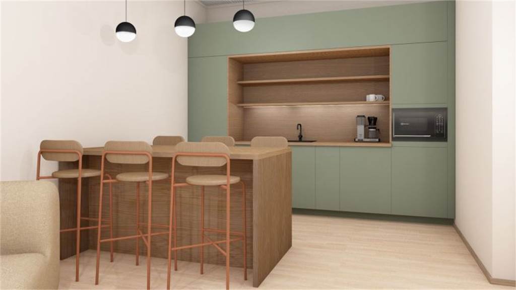 Havainnekuva keittiö ja taukoilasta Leväsentie 2